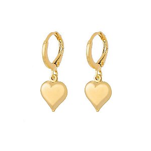 Brinco Argola Pingente Coração Abaulado Média Folheado a Ouro 18K