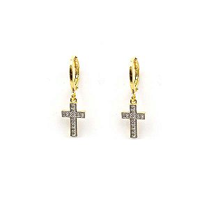 Brinco Argola Pingente Cruz Cravejado Folheado a Ouro 18K