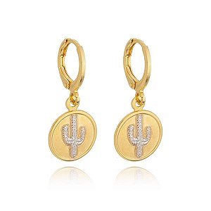 Brinco Argola Pingente Moeda Cacto Rodinada Folheado a Ouro 18K