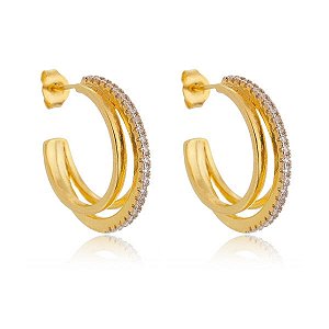 Brinco Argola Tarraxa 3 Fios Com Meio Cravejado Folheado a Ouro 18K