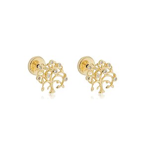 Brinco Árvore Da Vida Zircônias Cristal Folheado a Ouro 18K