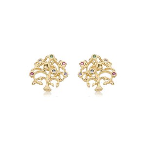 Brinco Árvore Da Vida Zircônias Rainbow Folheado a Ouro 18K