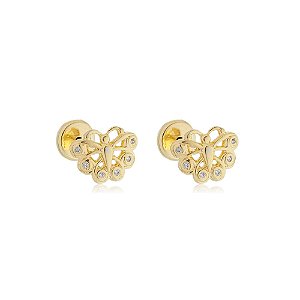Brinco Borboleta Arabescos Com Zircônia Folheado a Ouro 18K