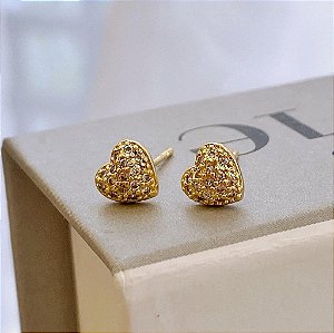 Brinco Coração Abaulado Cravejado Médio Folheado a Ouro 18K