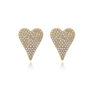 Brinco Coração Alongado Cravejado Folheado a Ouro 18K