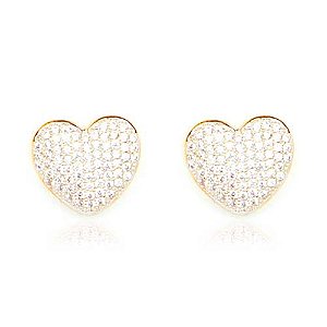 Brinco Coração Cravejado Microzirconias Cristal Folheado a Ouro 18K