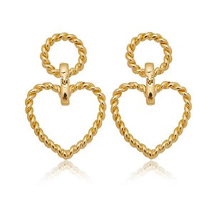 Brinco Coração Grande Fio Trançado Folheado a Ouro 18K