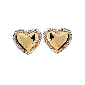 Brinco Coração Liso Borda Cravejado Folheado a Ouro 18K