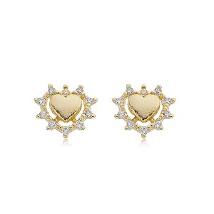Brinco Coração Liso Borda Zirconias Cristal Folheado a Ouro 18K