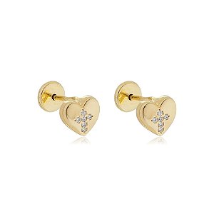 Brinco Coração Liso Cruz Cravejado Folheado a Ouro 18K
