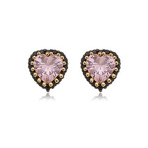 Brinco Coração Rosa Borda Zircônias Negras Folheado a Ouro 18K
