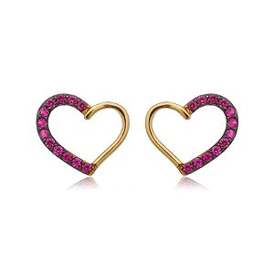 Brinco Coração Vazado Gr Metade Cravejado Folheado a Ouro 18K