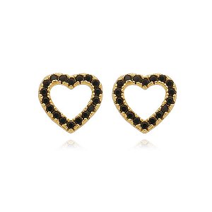Brinco Coração Vazado Preto Folheado a Ouro 18K