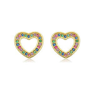 Brinco Coração Vazado Cravejado Rainbow Com Borda Dourada Folheado a Ouro 18K