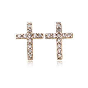 Brinco Cruz Cravejado Grande Folheado a Ouro 18K