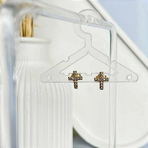 Brinco Cruz Fio Cravejado Pequeno Folheado a Ouro 18K