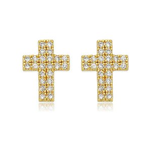 Brinco Cruz Fio Duplo Cravejado Folheado a Ouro 18K