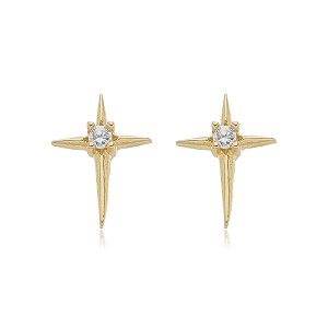 Brinco Cruz Lisa 1 Zirconia Folheado a Ouro 18K