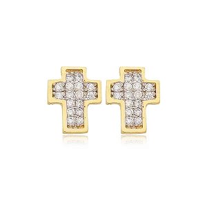 Brinco Cruz Quadrado Cravejado Folheado a Ouro 18K