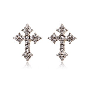 Brinco Cruz Zirconias Cristal Folheado a Ouro 18K
