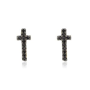Brinco Cruz Zirconias Negras Folheado a Ouro 18K