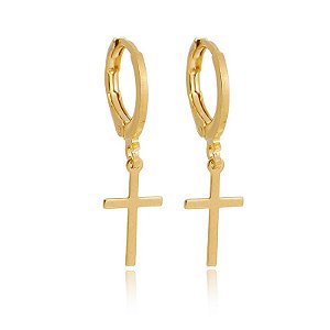 Brinco De Argola Cruz Lisa Folheado a Ouro 18K