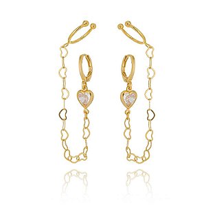 Brinco Earchain Coração Zircônia Cristal Folheado a Ouro 18K
