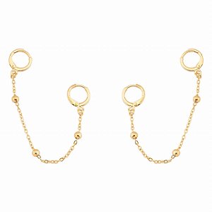 Brinco Earchain Corrente E Bolinhas Folheado a Ouro 18K