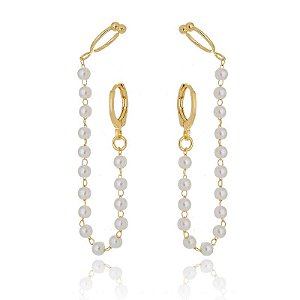 Brinco Earchain Corrente Pérolas Piercing Fake Folheado a Ouro 18K