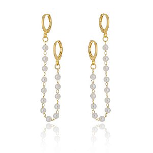 Brinco Earchain Duplo Corrente Pérolas Folheado a Ouro 18K