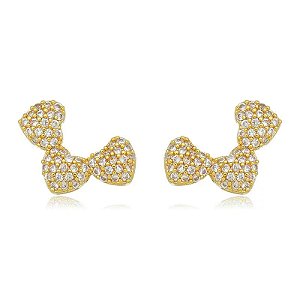 Brinco Earcuff 3 Corações Cravejados Abaulados Folheado a Ouro 18K