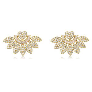 Brinco Earcuff Coração Baguetes E Pétalas Folheado a Ouro 18K