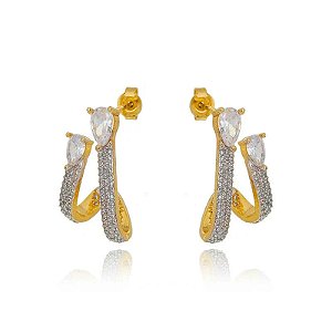 Brinco Earcuff Gotas Cravejado Folheado a Ouro 18K