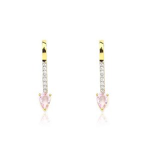 Brinco Earhook Palito Gota Rosa Folheado a Ouro 18K
