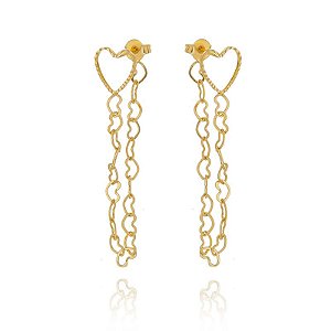 Brinco Earjacket Coração Vazado Correntinha Corações Folheado a Ouro 18K