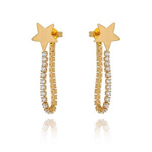 Brinco Earjacket Estrela Lisa E Fio Zircônias Folheado a Ouro 18K