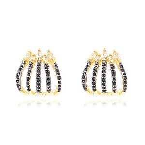 Brinco Earjacket Navetes E Zircônias Negras Folheado a Ouro 18K