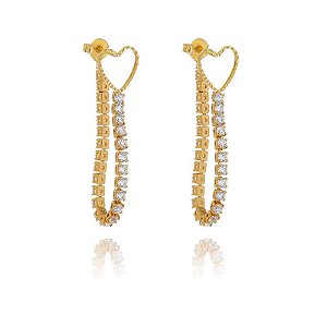 Brinco Earjacket Coração Vazado Riviera Cristal Folheado a Ouro 18K