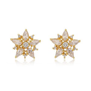 Brinco Flor Médio Zircônias Coloridas Folheado a Ouro 18K