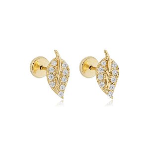 Brinco Folha Cravejado Folheado a Ouro 18K