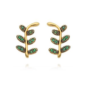 Brinco Folha Zircônias Verdes Folheado a Ouro 18K