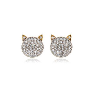 Brinco Gatinho Cravejado Zirconias Cristal Folheado a Ouro 18K