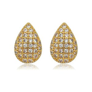 Brinco Gota Abaulada Cravejado Folheado a Ouro 18K