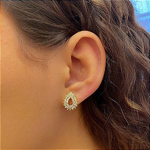 Brinco Gota Vazado Borda Cravejado 2 Fios Folheado a Ouro 18K