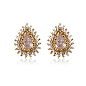 Brinco Gota Zirc Meio Borda Cravejado Folheado a Ouro 18K