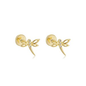 Brinco Libélula Vazado E Zircônias Folheado a Ouro 18K