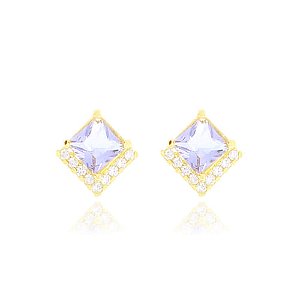 Brinco Losango Zircônia Lilás Borda Cristal Cravejado Folheado a Ouro 18K