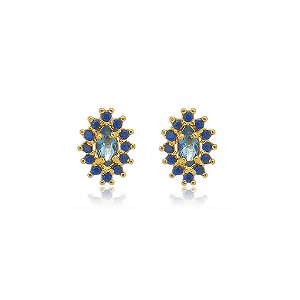 Brinco Olho De Gato Cravejado Com Zircônias Coloridas Folheado a Ouro 18K