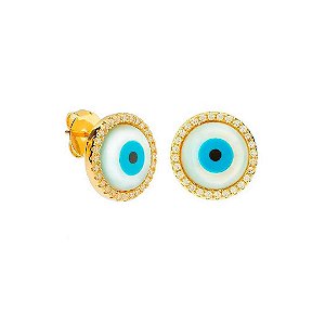 Brinco Olho Grego Madre Pérola Folheado a Ouro 18K