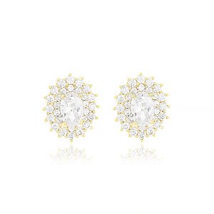 Brinco Oval Zirc Meio Borda Cravejado Folheado a Ouro 18K